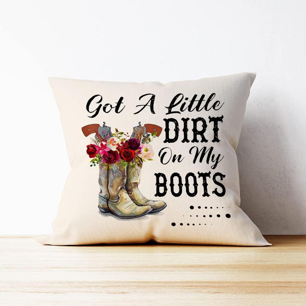 Mancheng-zi Retro Western Country Cowgirl Flower Boot Got a Dirt on My Boots Throw Pillow Cover,Teen Girls Women Cowgirl Gifts,18 x 18''Western