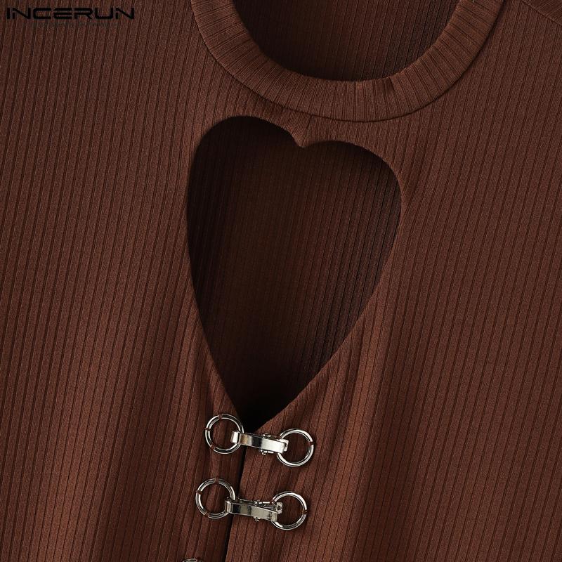INCERUN Autumn Men Long Sleeve Cutout High Splits Ribbed Tunic Tops Pullovers
