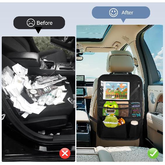 Back Seat Car Organizer with Tablet Holder, 6 Storage Pockets Car Storage Organizer with Foldable Food Tray, Car Seat Back Protectors Kids Car Kick