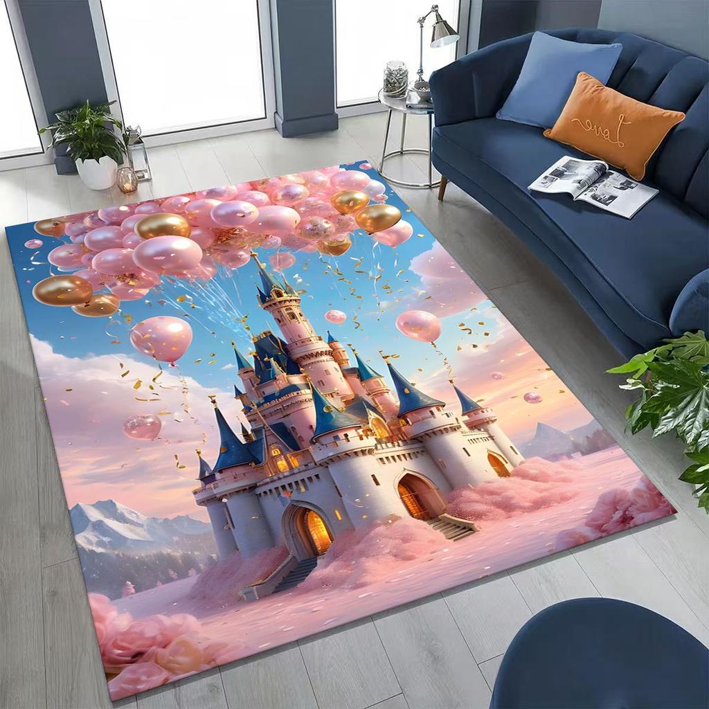 Enchanted Fairytale Princess Castle Gothic Castle Cartoon Rug for Bedroom Living Room Sofa Home Doormat Decor, Kids Non-slip Mat