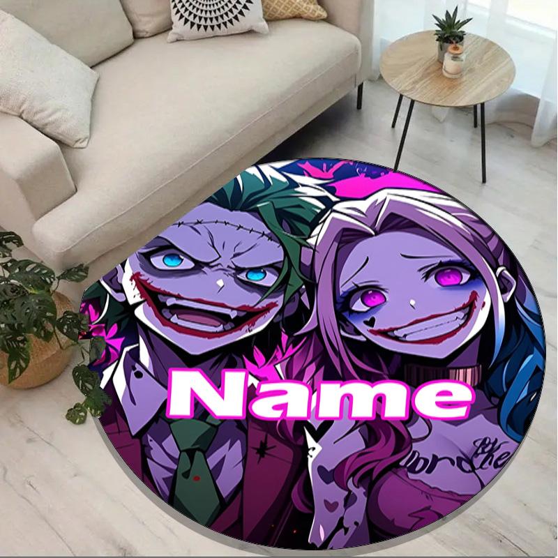 Custom Name Personalized Harley Quinn Joker Print Round Rug, Versatile Home Decor Carpet, for Playroom, Apartment, Balcony, Entryway, Hallway Gift