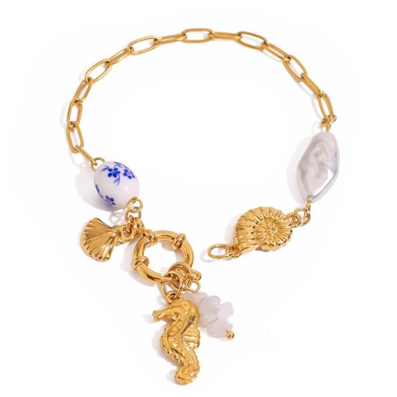 Adjustable Oceanic Starfish Shell Charm Bracelet Stainless Steel Acrylic Pearls Accent Pendant Wrist Chain Jewelry