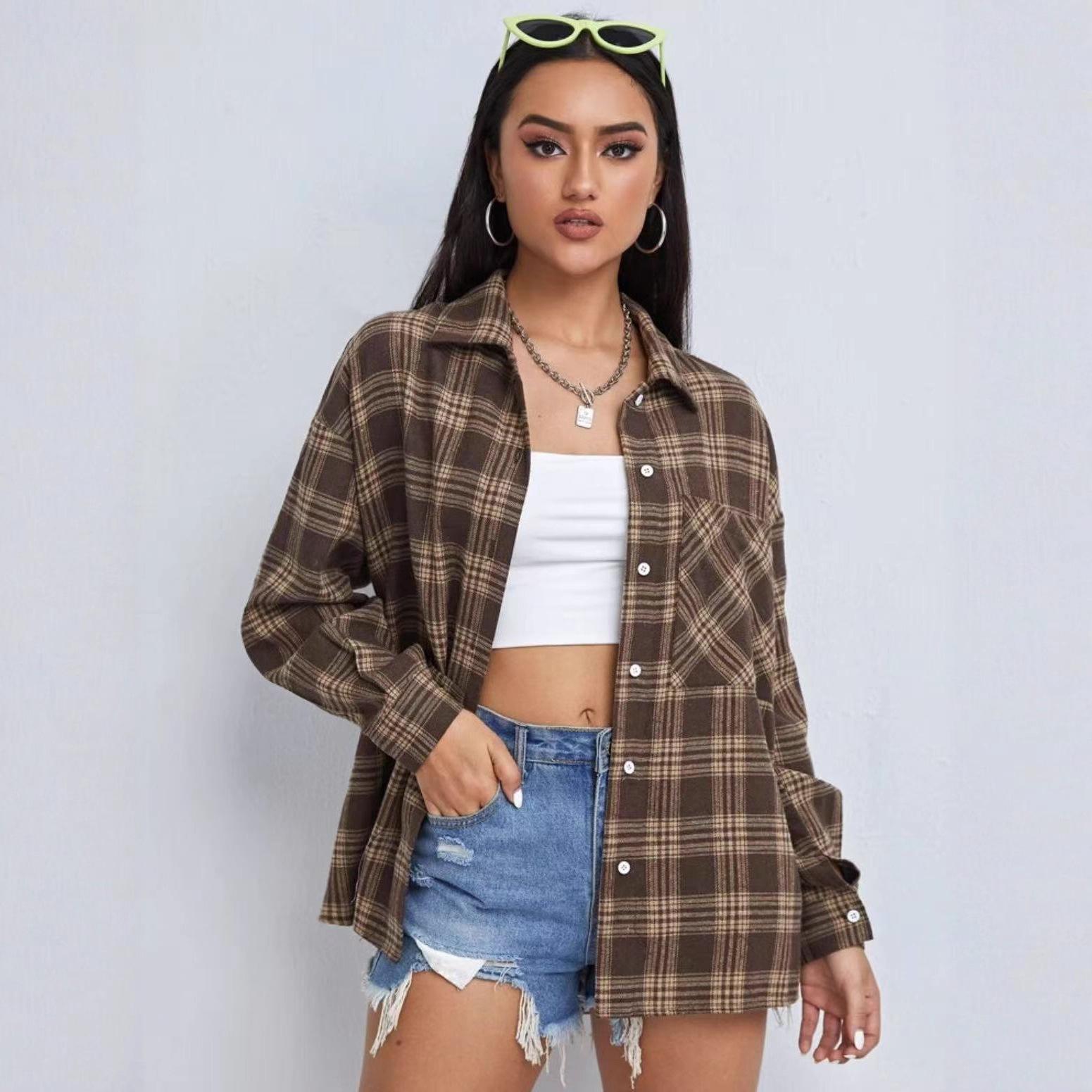 

Women s European & American Plaid Jacket - Loose Fit, Long Sleeve, Lapel, with Pockets Small