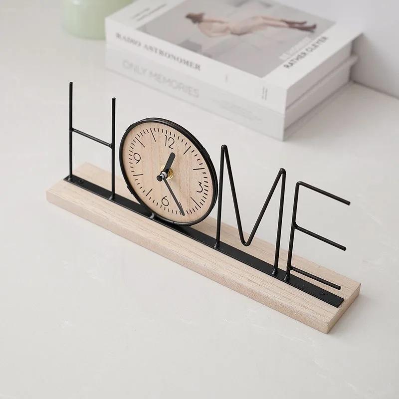 Wooden Analog Clock Table Clock Figurine Wooden Ornament Non-Ticking Desk Analog Clock Silent Iron Art for Bookshelf Bedside