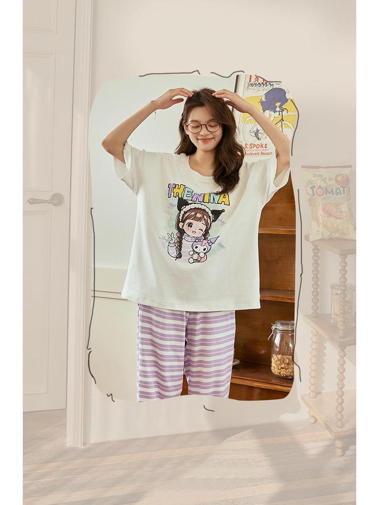 Summer Cotton Pajama Set for Women: Short Sleeve, Long Pants, Cute Design for Teens, Perfect for Spring and Summer.
