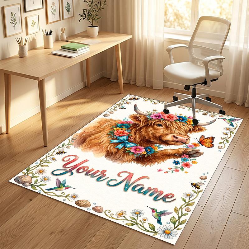 Cow Highland Theme Crystal Velvet Rug Personalized Custom Name Text Soft Floor Mat Home Decor