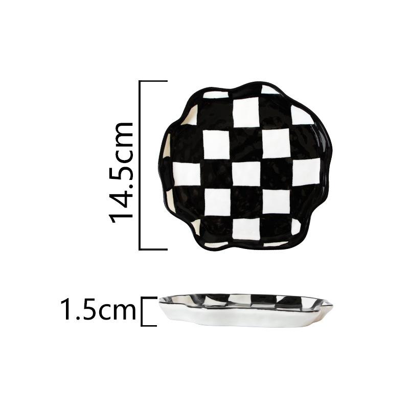 Checkerboard Black And White Irregular Cutlery Set Ceramic Dishes Plates Household Breakfast Oatmeal Cups Couple Mugs 301-400ml