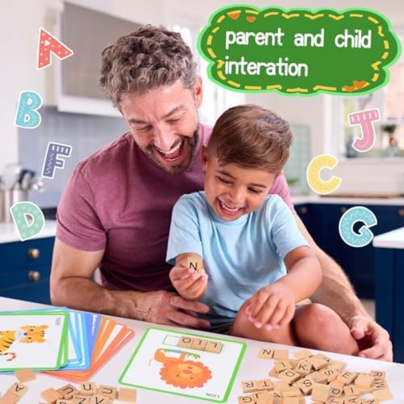 Montessori Alphabet Learning Toy Set for Kids Ages 3-7, Spelling Game with 100 Wooden Letters, 30 Double-Sided Cards & Storage Bag, Educational Gift