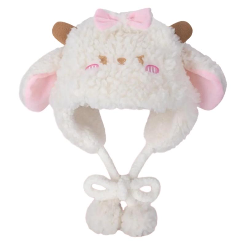 Lovely Plush Cartoon Sheep Hat with Warm Earflap Winter Activity Hat Lace Trim Pullover Hat Ear Protective Trapper Hat