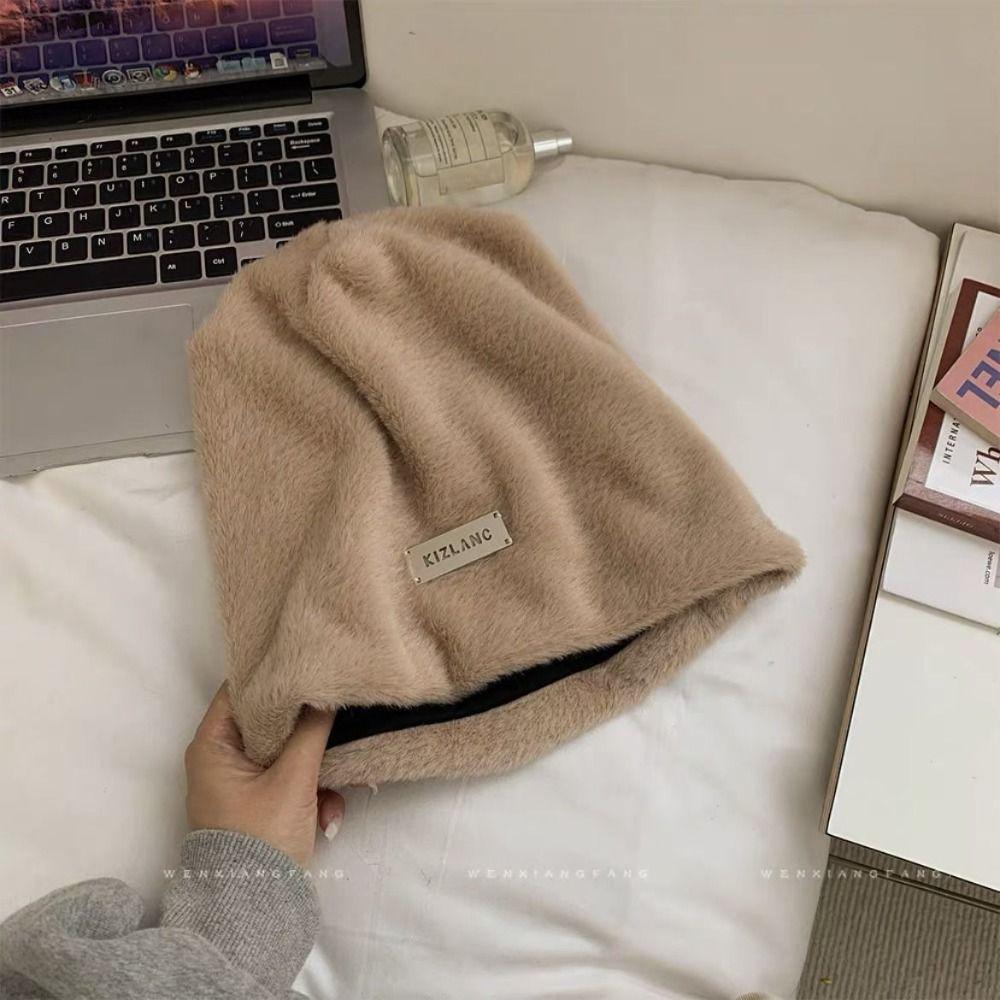 Thickened Plush Beanies Hats Korean Style Letter Pullover Hats Fashion Fleece Wool Skullies  Autumn