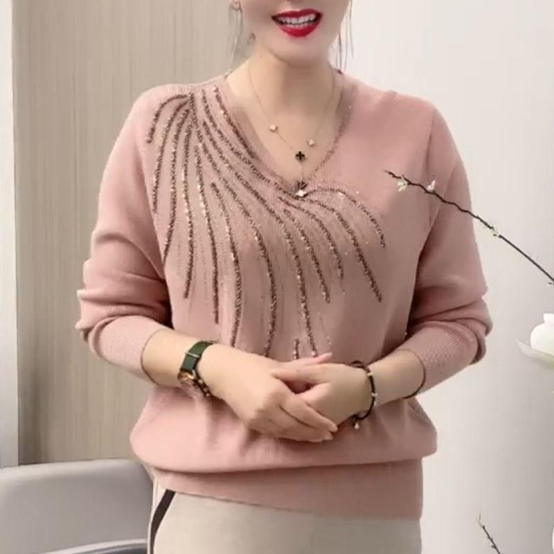 Autumn Winter Women Sweaters Pullovers Solid V-Neck Diamonds Temperament Fashion Casual Long Sleeve Bottoming Shirt Knit Tops