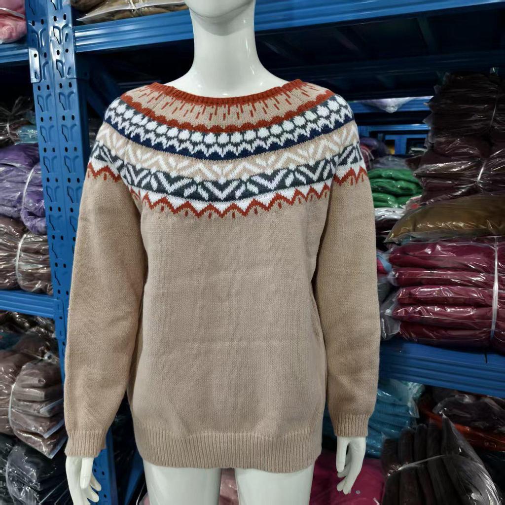 Women's European Retro Fair Isle Long Sleeve Color Block Knitted Sweater Top