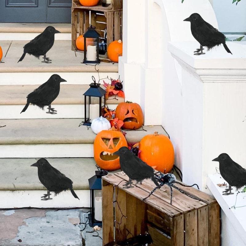 Realistic Feathered Crow Eerie Artificial Corbie Bird for Party Accessories Frightening Indoor Outdoor Decoration Jewelry
