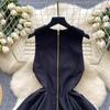 Summer V-neck Sleeveless Double Breasted Dress with Women's Niche Design High Waist A-line Vest Dress