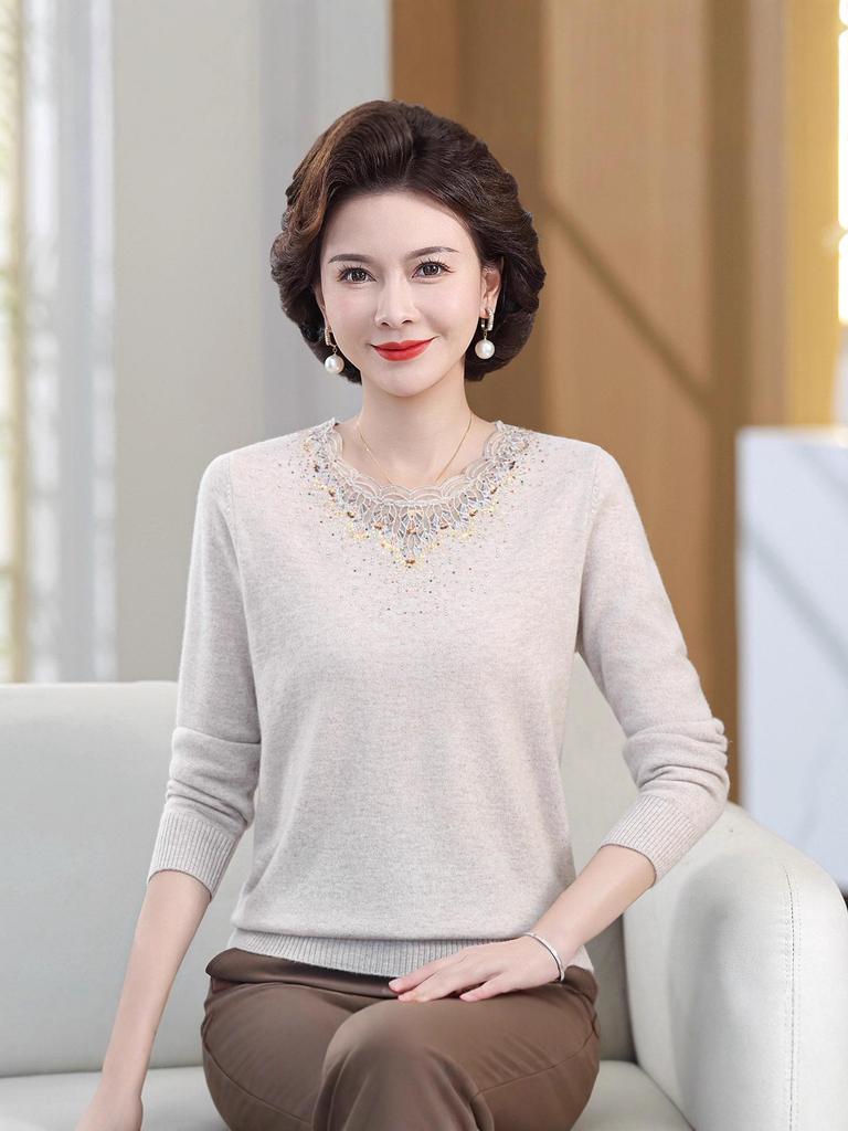 Wollstrickjacke für Frauen mittleren Alters - 100% Reine Wolle, Modischer Herbst-/Winterstrick, Rundhals-Pullover für Mittelalte & Ältere