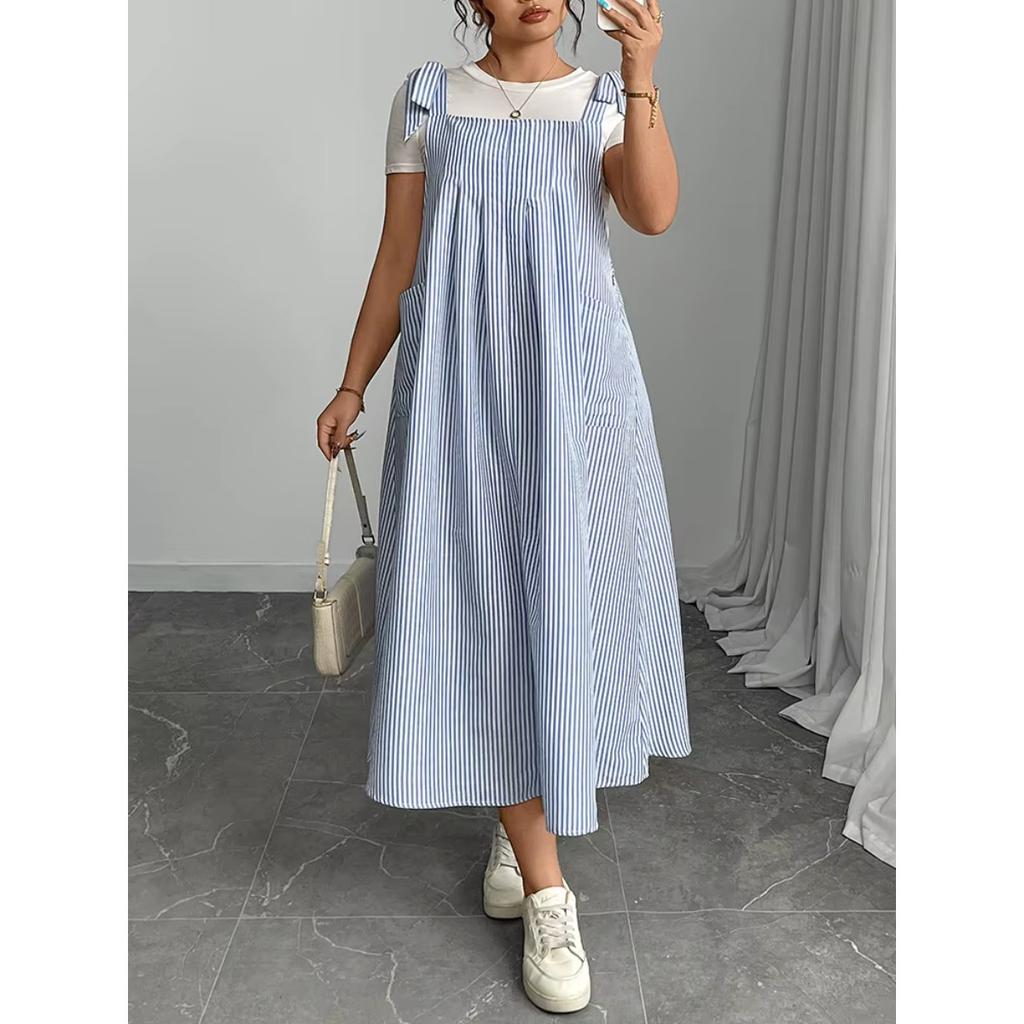 Plus Size Solid Tie Shoulder Overalls Dress For Women  Summer Casual Loose Sleeveless Maxi Long Dresses with Pockets