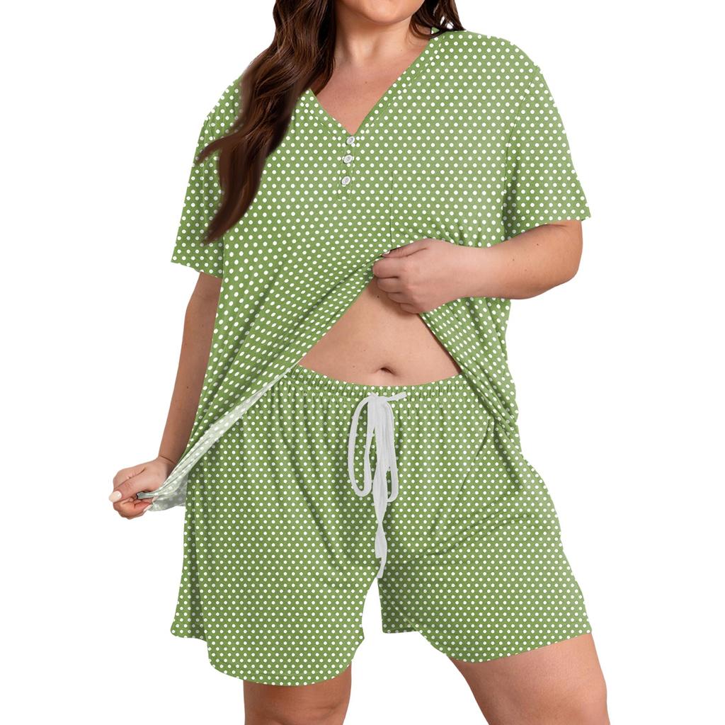 Women's Plus Size Short Sleeve Round Neck Printed 2-Piece Outfit Set - Casual Loose Fit Summer Shorts