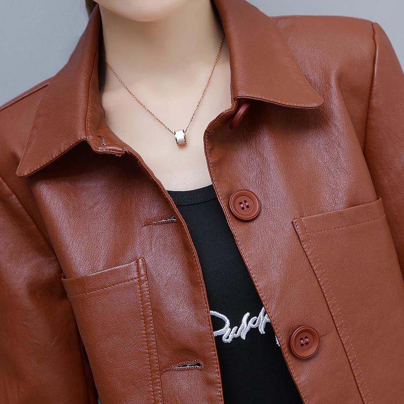 Giacca Corta da Donna in Pelle PU per Primavera e Autunno Taglie Forti Larga Monocolore