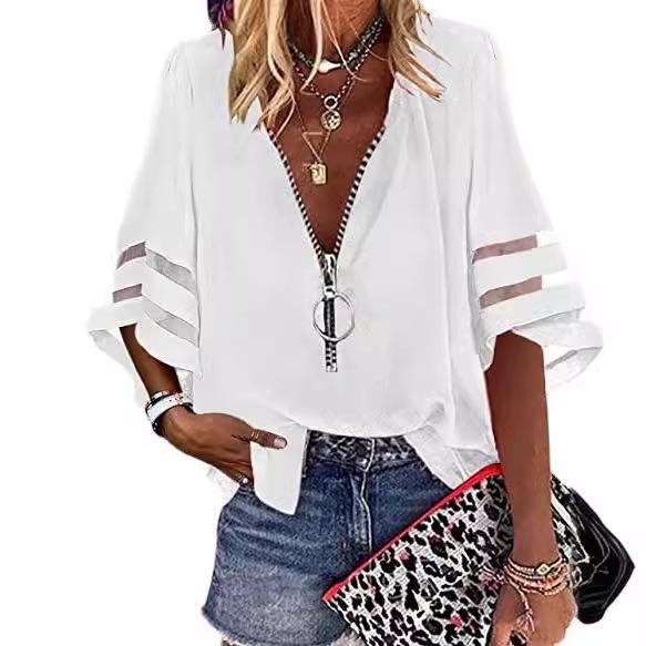 Women S Loose Chiffon Blouse V Neck Zip Flare Sleeve Mesh Spliced S белый