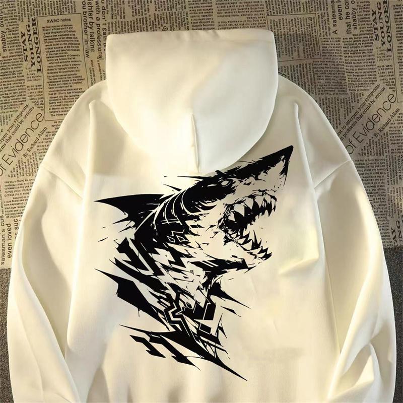 2025 Autumn Gothic Shark Printed Hoodies Men's Hip Hop Fashion Cotton Fleece Hooded Sweatshirts Y2K Streetwear Hoody Clothes