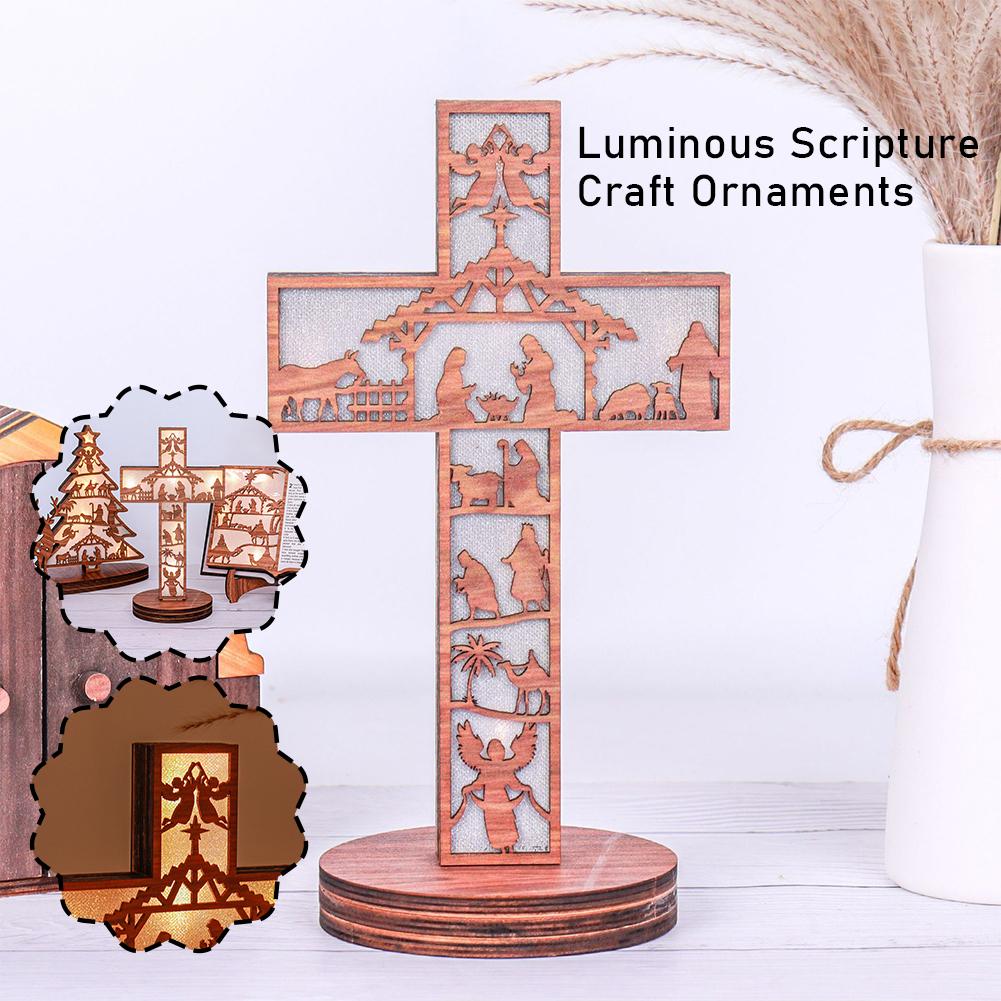 Nativity Scene Figurine Wood Stand Book Bible With LED Light Wooden Xmas Creative Art Craft Christmas Atmosphere Decoration