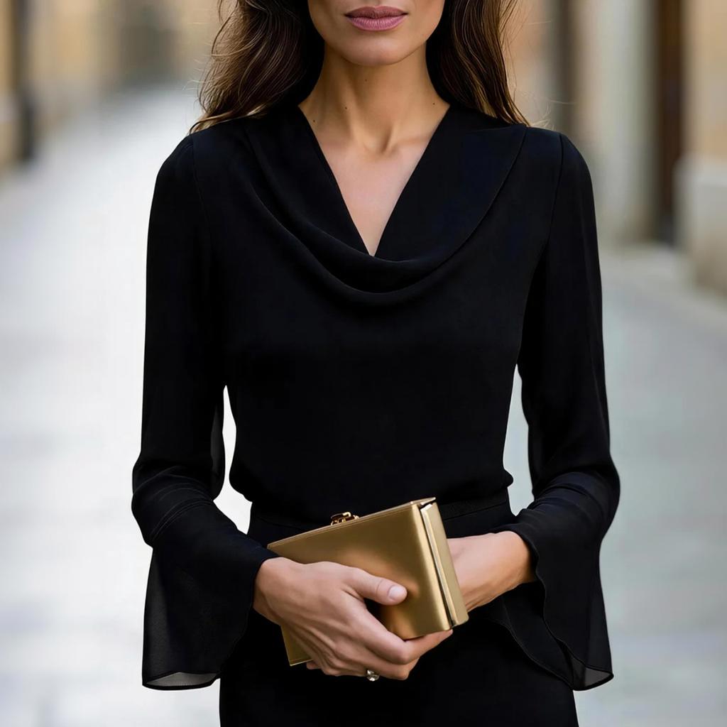 Women's Cowl Neck V-Neck Flared Long Sleeve Blouse for Casual and Wear