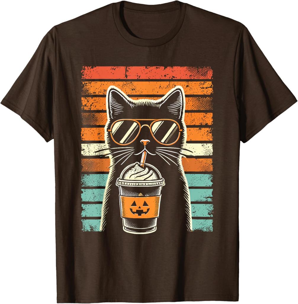 Black Cat Pumpkin Spice Latte Hipster Graphic Tee Retro Distressed TShirt Casual