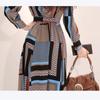 Vintage Print Shirt Dresses Women Elegant Single-Breasted Long Sleeve Lapel Belt Bow Long Robe