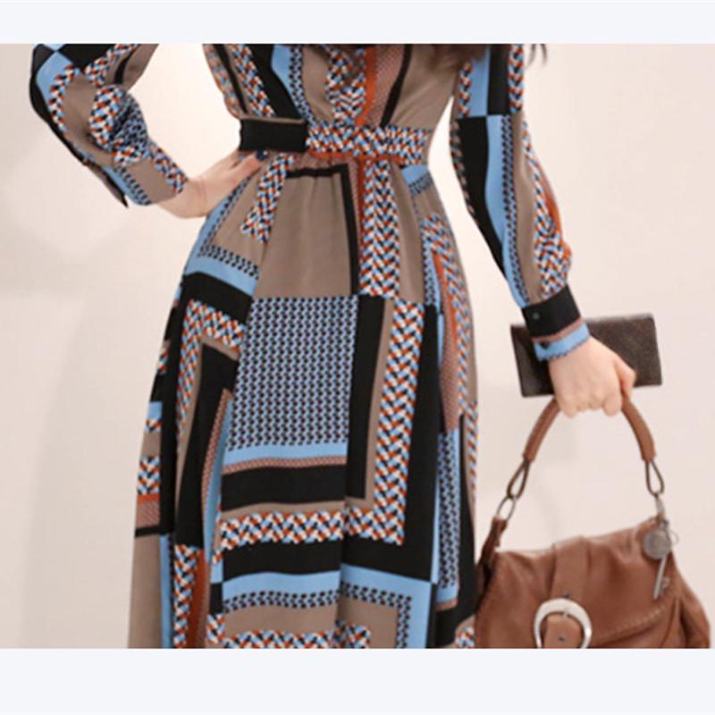 Vintage Print Shirt Dresses Women Elegant Single-Breasted Long Sleeve Lapel Belt Bow Long Robe