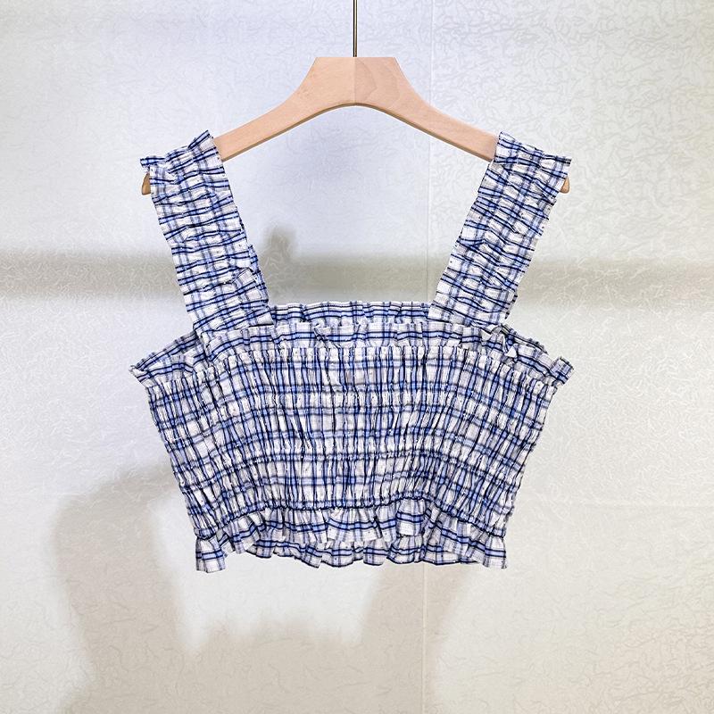 Seaside Blue & White Plaid Beaded Camisole Top + High-Waisted Skirt Set