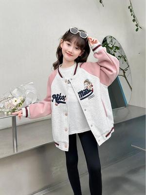 2025 Mädchen Cartoon Buchstaben Baseballjacke für große Kinder – Niedliche Frühling/Herbst Oberbekleidung