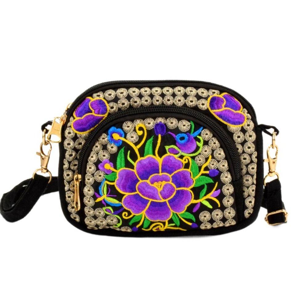 Peony Embroidery Flower Shoulder Bag Canvas Zipper Flower Purse Wallets  Daily