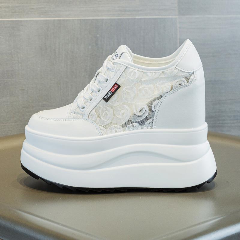New autumn breathable wedge heel women's shoes lace mesh cm thick sole inner height increase casual white shoes