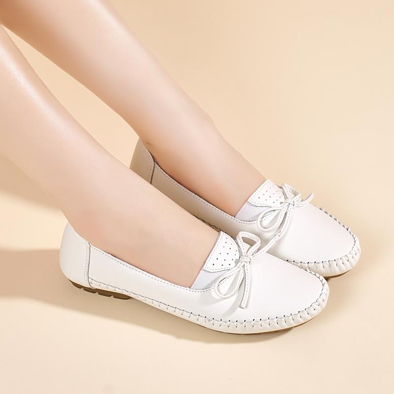 Women's White Leather Driving Moccasins Grey Flats Casual Slip On Plus Size Walking Summer Maternity Shoes