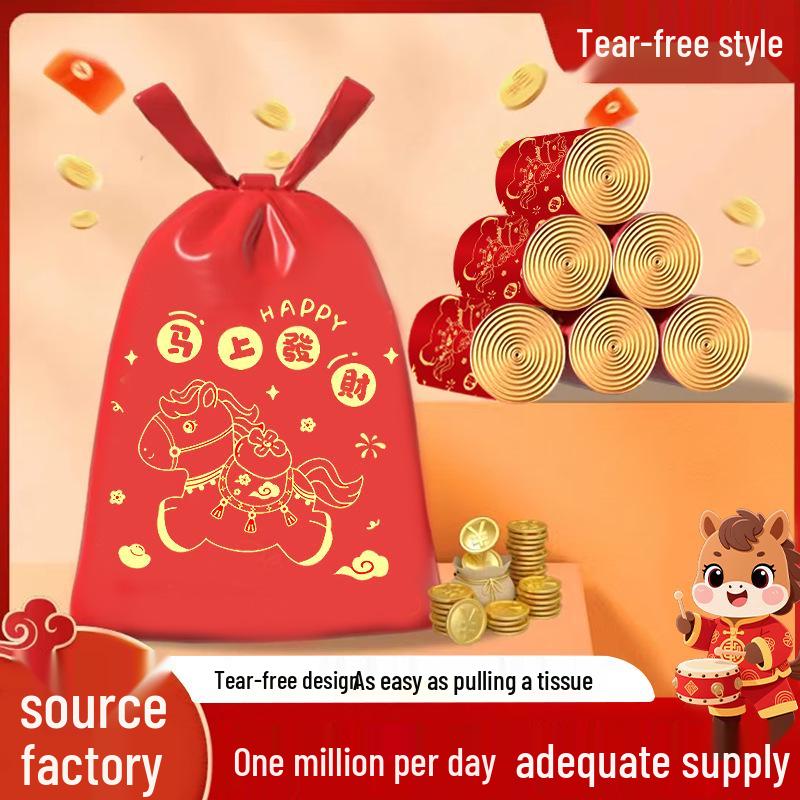 New Year Horse-Themed Red Drawstring Kitchen Garbage Bags - Tear-Resistant, Large Size for Home Use