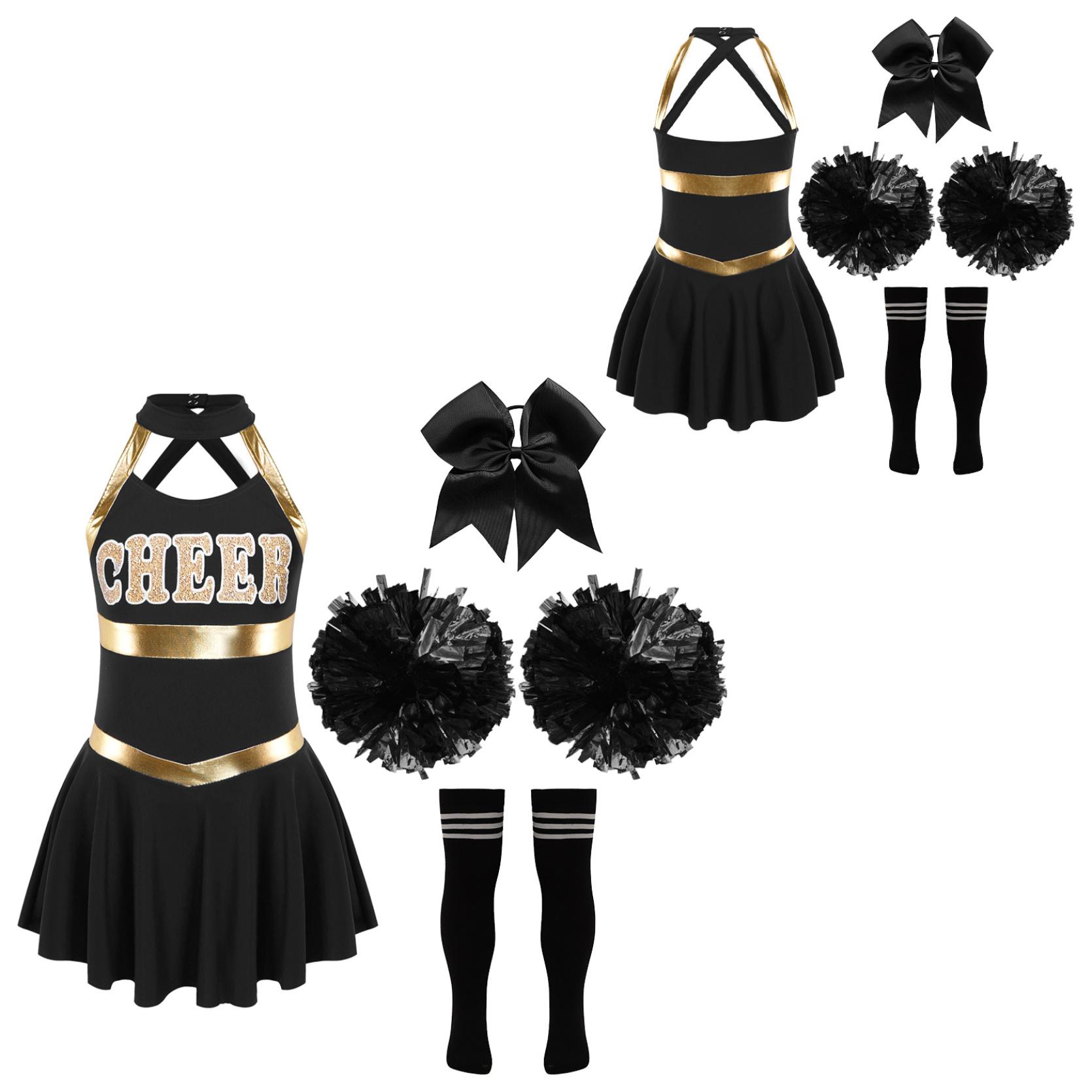 

Детские костюмы группы поддержки для девочек, лоскутное танцевальное платье без рукавов с буквенным принтом, головные уборы с бантом и цветами, полосатые носки-трубочки 9-10 Years белый/чёрный