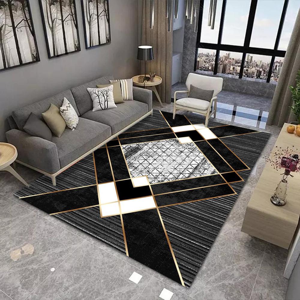 Modern Luxury Geometric Carpet With Gold Line Geometric Patchwork Marble Texture Non Slip Rug For Living Room Decor