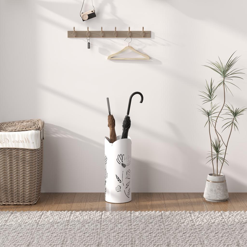 Steel Umbrella Stand With 4 Hooks And Removable Drip Tray Decorative Design 17x17x41 Cm White
