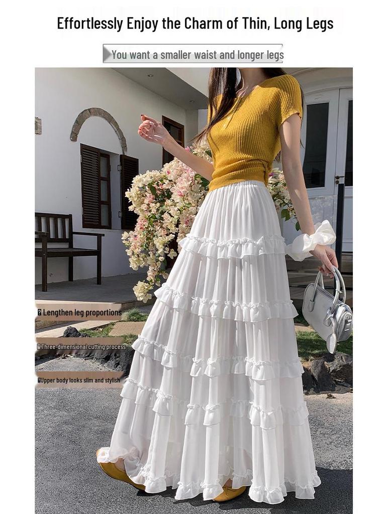 Women's French Ruffled Chiffon A-Line Dress - Slimming High Waist Fairy Skirt for Spring 2026