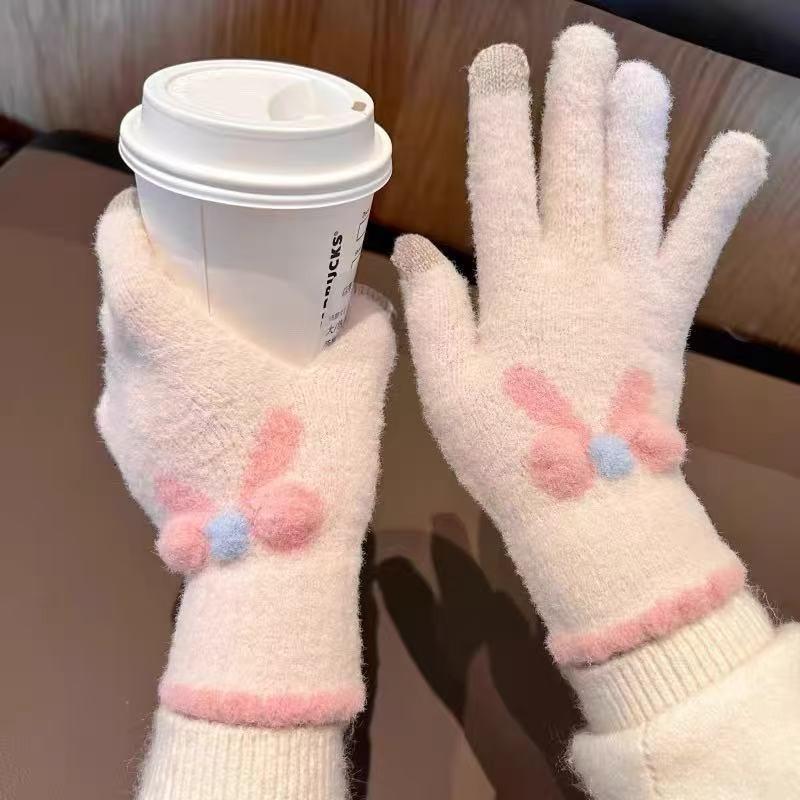 Touchscreen Knitted Gloves for Women  Autumn and Winter Knitted Yarn for Warmth Five Finger Cute Students