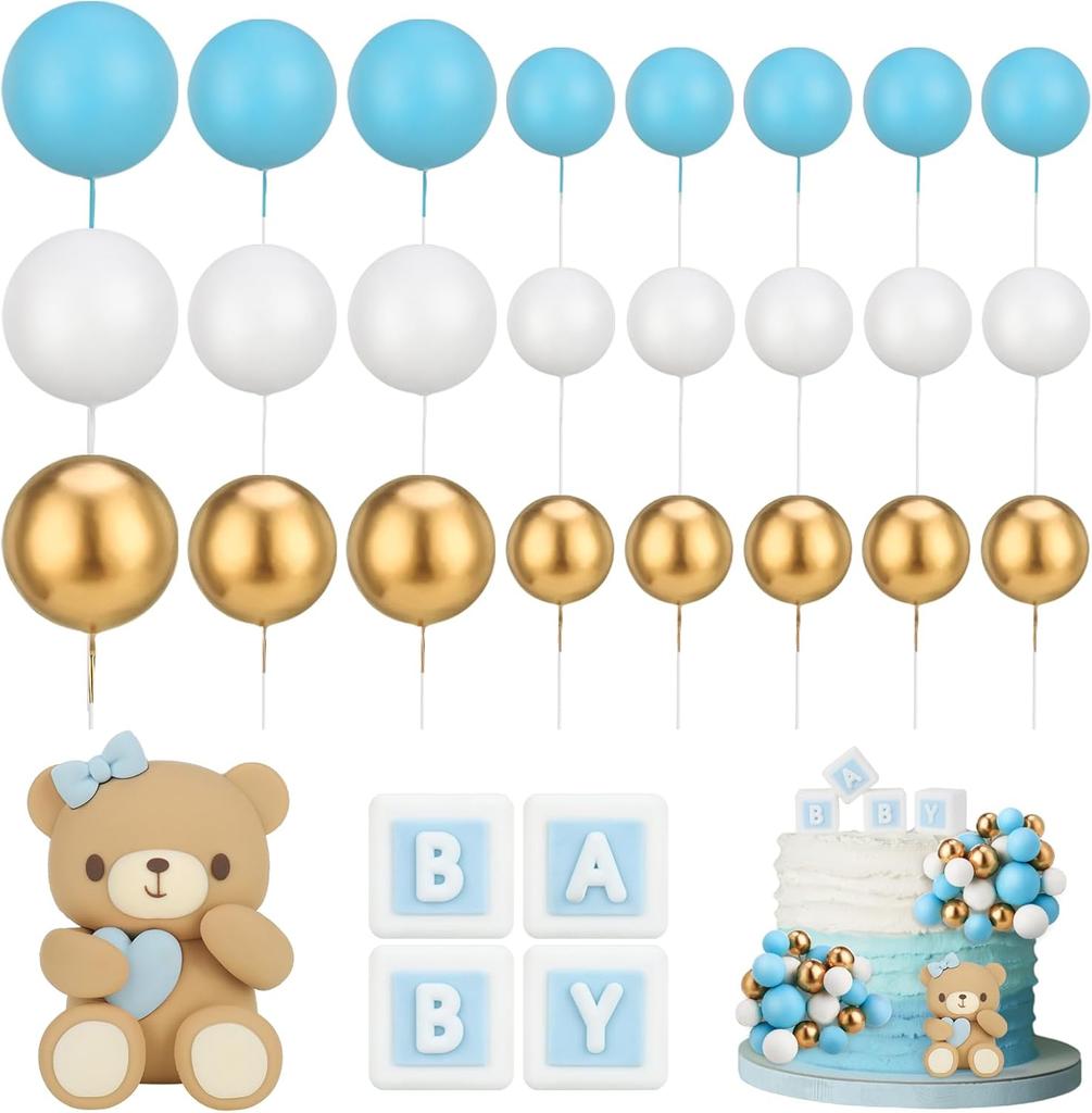 29 Pcs Bear Cake Topper Baby Shower Cake Decorations Cute Bear BABY Letter White Foam Balloon for Baby Shower Cake Topper Kids