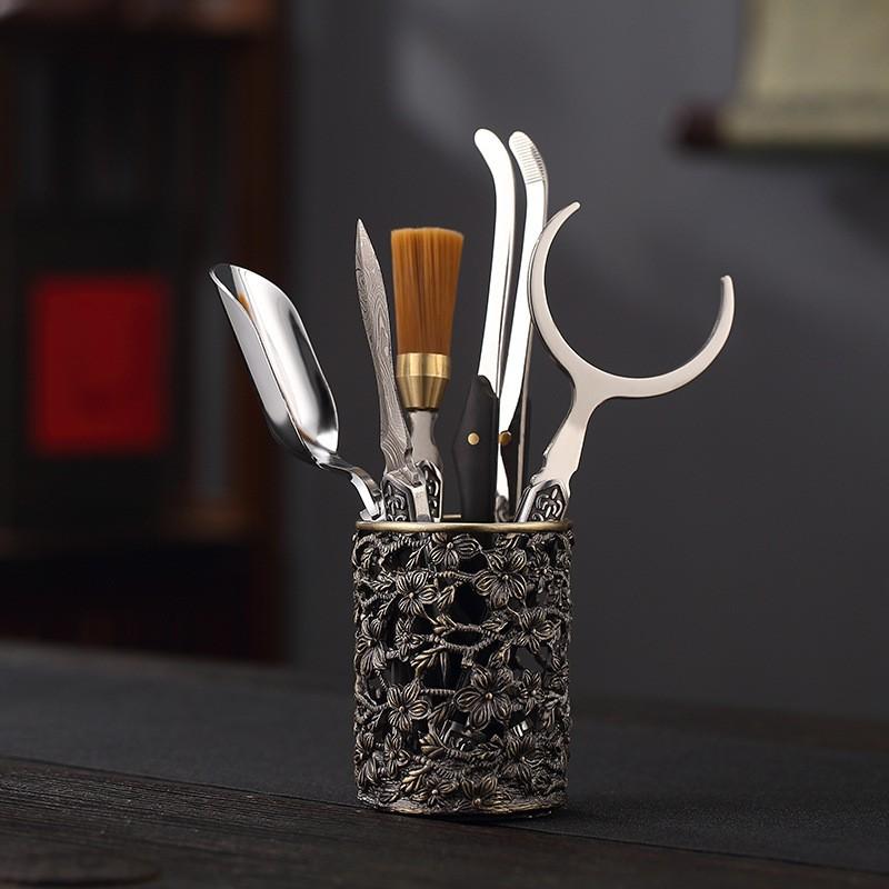Copper Ebony Wood Tea Ceremony Six Tools Set Gongfu - Teaspoon Pick Tongs Scoop Brush Caddy