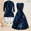 Women Plus Size Two Piece Dress Set 3 4 Sleeve Open Front Cardigan Sleeveless Round Neck Tie Waist Flared Dress Blue Black Printed