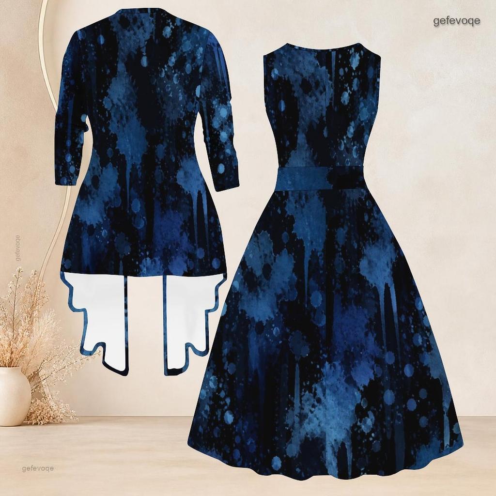 Women Plus Size Two Piece Dress Set 3 4 Sleeve Open Front Cardigan Sleeveless Round Neck Tie Waist Flared Dress Blue Black Printed
