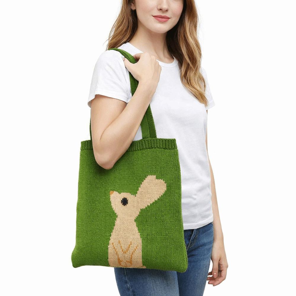 Green Crochet Bag Handmade Knitted Tote Bag Portable Weave Shoulder Bag  Girls