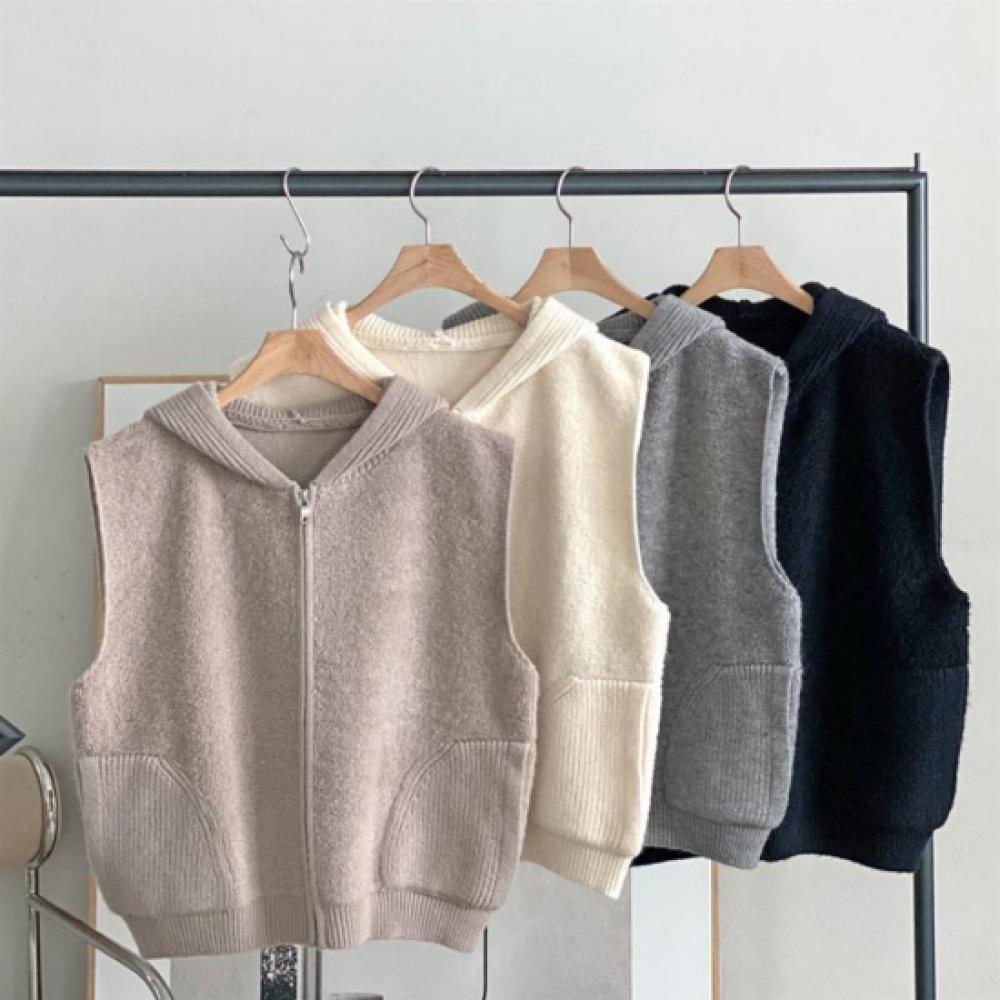 New Arrivals Open Run Women Casual Fleece Hooded Zip Up Knit Vest