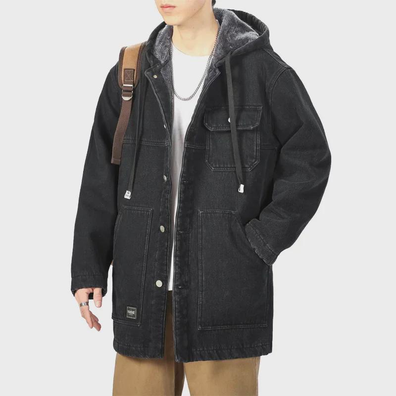 Men's Winter Fleece-Lined Loose-Fit Denim Jacket with Hood - Trendy Mid-Length Lambskin Windbreaker