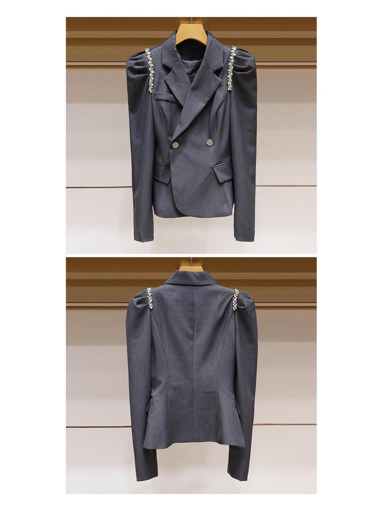 Women's French-Style Black Two-Piece Suit: Lapel Jacket & Skirt with Heavy Diamond Detailing