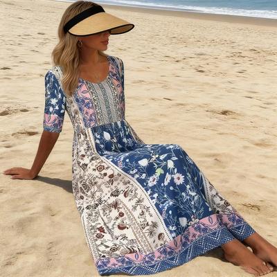 Women Vintage Print Elbow Sleeve Calf-Length Dress Breathable For Summer Getaway