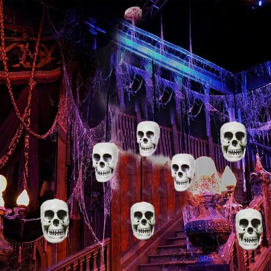 Halloween Hanging Skull Decoration Realistic Plastic Human Head Prop Spooky Skeleton Head Ornament with Lanyard for Home Party Haunted House Decor